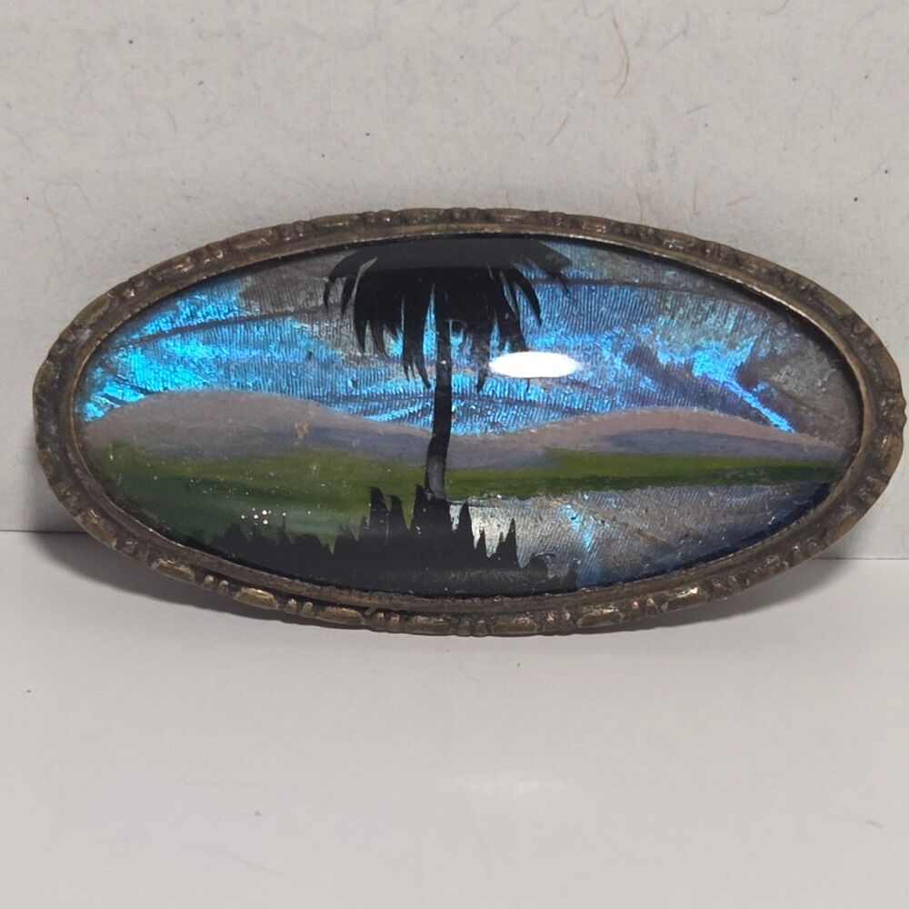 Vintage Art Deco Sterling Silver Morpho Butterfly Wing Tropical Palm Tree Brooch